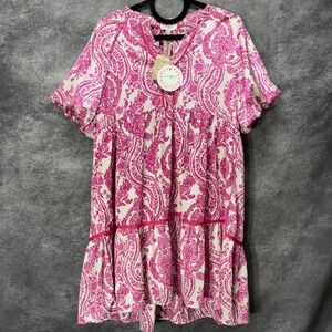 Umgee Hot Pink Paisley Tiered Ruffle Mini Dress Size M Puff Sleeve 
Satin Swing